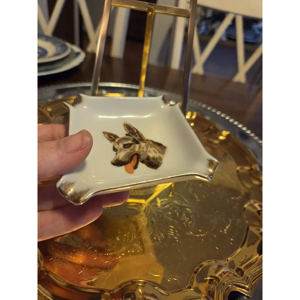 German Shepherd Picture Ashtray White Ceramic Gold Accents Retro Vintage